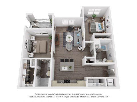 Floor plan for 2 beds, 2 baths, 1077 sqft